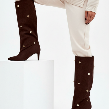 Women's Suede Heel Boots – Gold Accent, Pointed Toe, Slip-On Style