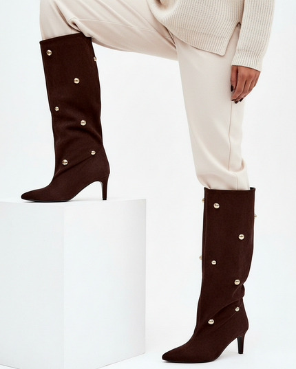 Women's Suede Heel Boots – Gold Accent, Pointed Toe, Slip-On Style