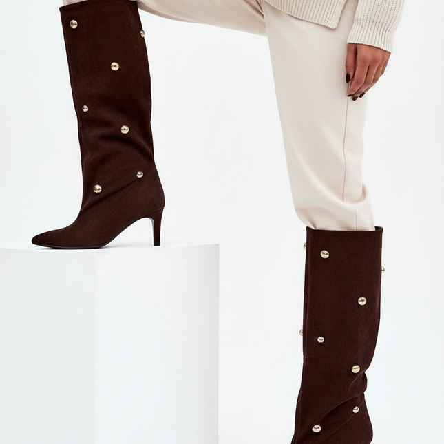 Women's Suede Heel Boots – Gold Accent, Pointed Toe, Slip-On Style