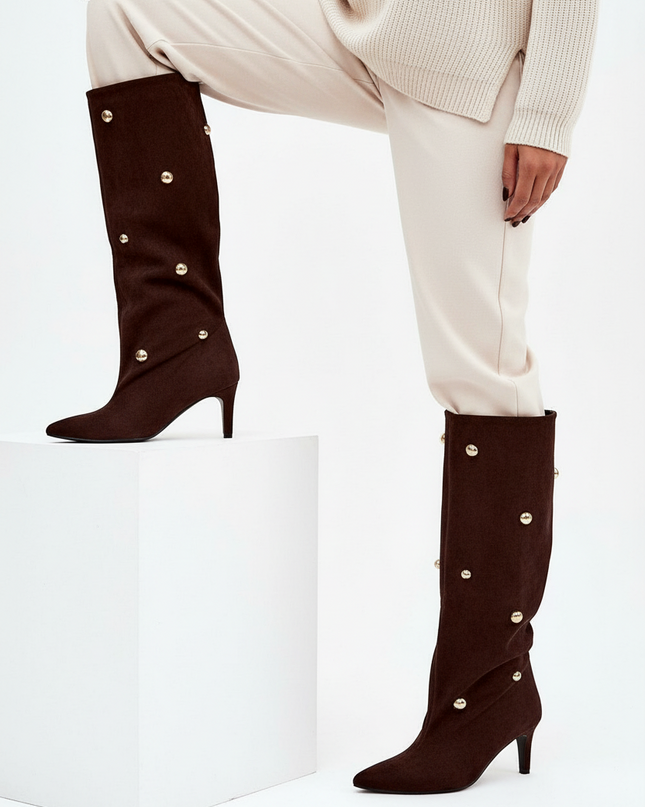 Women's Suede Heel Boots – Gold Accent, Pointed Toe, Slip-On Style