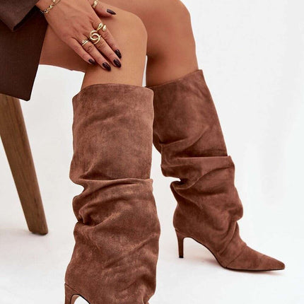 Women's Suede Heel Boots – Pointed Toe, Gathered Upper, Chic Comfort