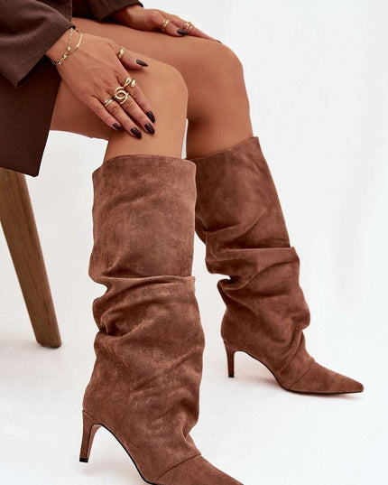 Women's Suede Heel Boots – Pointed Toe, Gathered Upper, Chic Comfort