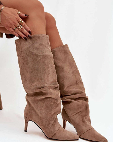 Women's Suede Heel Boots – Pointed Toe, Gathered Upper, Chic Comfort