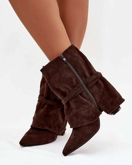 Women's Eco Suede Ankle Boots – Fringes, Overlapping Upper & Gold Buckles