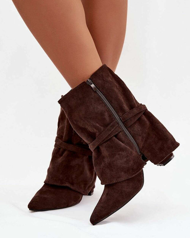 Women's Eco Suede Ankle Boots – Fringes, Overlapping Upper & Gold Buckles