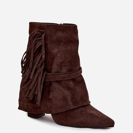 Women's Eco Suede Ankle Boots – Fringes, Overlapping Upper & Gold Buckles