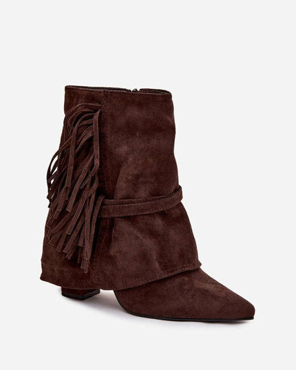 Women's Eco Suede Ankle Boots – Fringes, Overlapping Upper & Gold Buckles