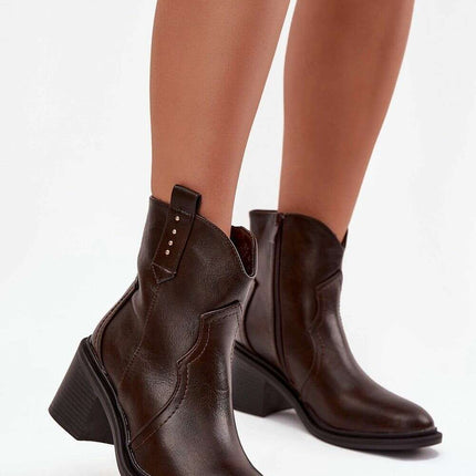 Women's Eco Leather Cowboy Ankle Boots – Zipper, 7cm Heel, Warm Lining