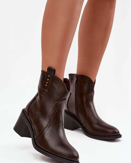 Women's Eco Leather Cowboy Ankle Boots – Zipper, 7cm Heel, Warm Lining