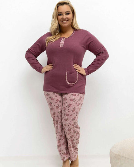 Plus Size Cotton Pajama Set – Floral Print Two-Piece with Pocket