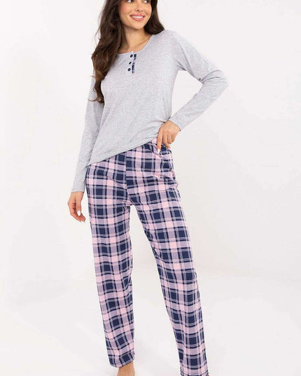 Women’s Cotton Pajama Set with Checkered Pants & Button Top