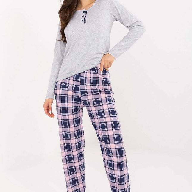 Women’s Cotton Pajama Set with Checkered Pants & Button Top