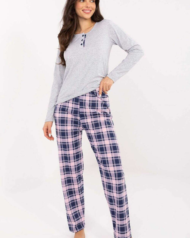 Women’s Cotton Pajama Set with Checkered Pants & Button Top