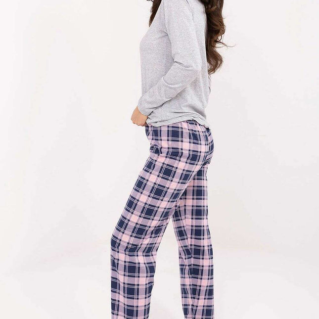 Women’s Cotton Pajama Set with Checkered Pants & Button Top