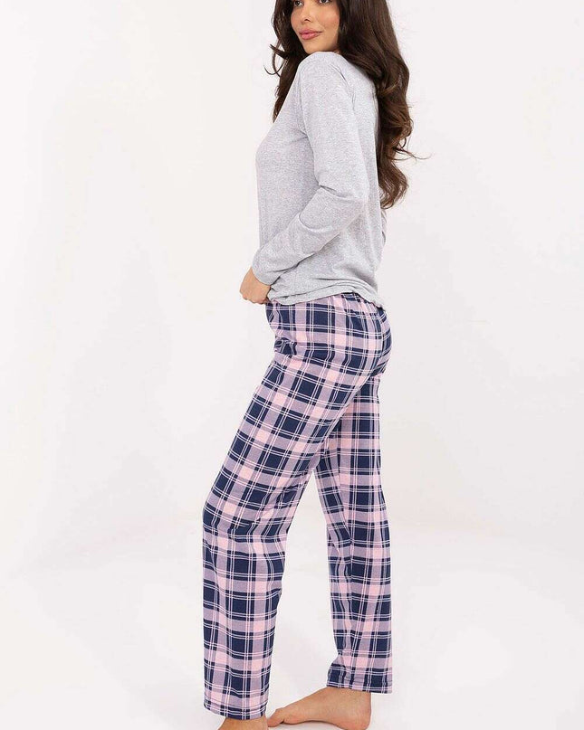 Women’s Cotton Pajama Set with Checkered Pants & Button Top