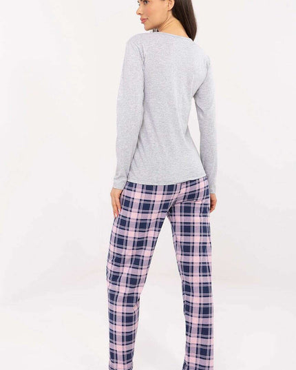 Women’s Cotton Pajama Set with Checkered Pants & Button Top