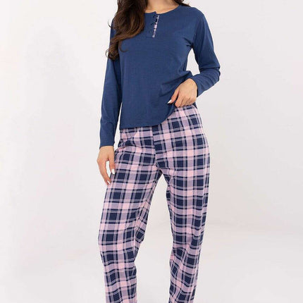 Women’s Cotton Pajama Set with Checkered Pants & Button Top