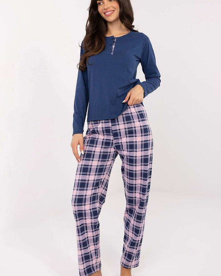 Women’s Cotton Pajama Set with Checkered Pants & Button Top
