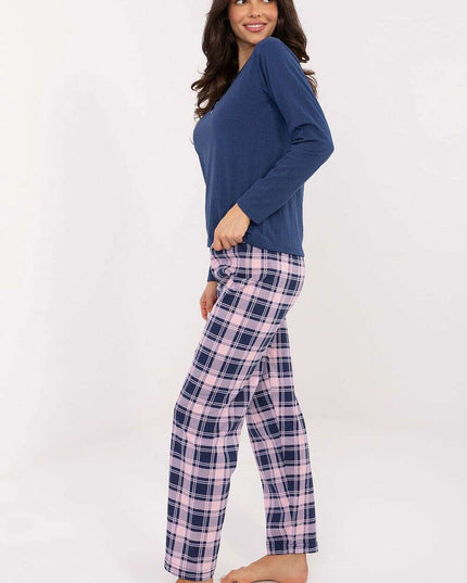 Women’s Cotton Pajama Set with Checkered Pants & Button Top