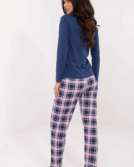 Women’s Cotton Pajama Set with Checkered Pants & Button Top