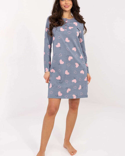 Heart Print Cotton Nightshirt – V-Neck, Long Sleeves, Button Front