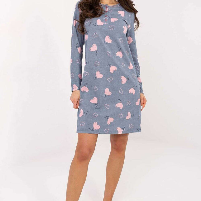 Heart Print Cotton Nightshirt – V-Neck, Long Sleeves, Button Front