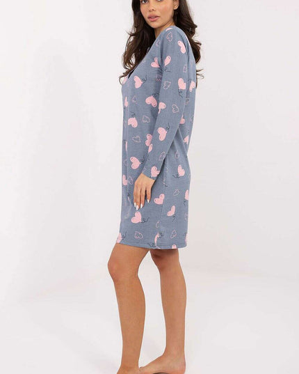 Heart Print Cotton Nightshirt – V-Neck, Long Sleeves, Button Front