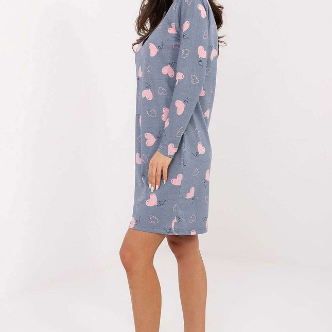 Heart Print Cotton Nightshirt – V-Neck, Long Sleeves, Button Front