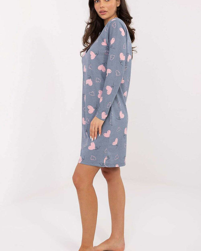 Heart Print Cotton Nightshirt – V-Neck, Long Sleeves, Button Front