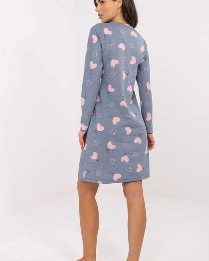 Heart Print Cotton Nightshirt – V-Neck, Long Sleeves, Button Front