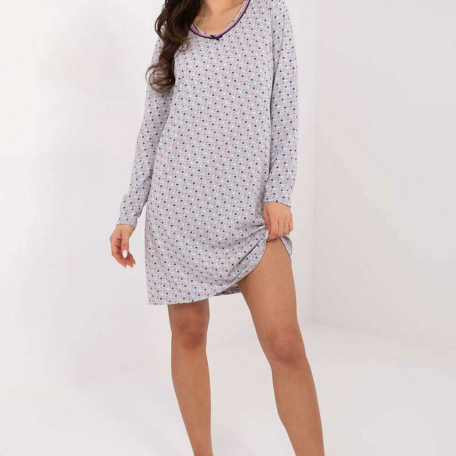Cotton Nightgown – Colorful Print, Lace V Neck & Long Sleeves