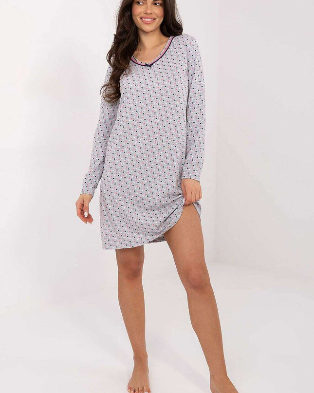 Cotton Nightgown – Colorful Print, Lace V Neck & Long Sleeves