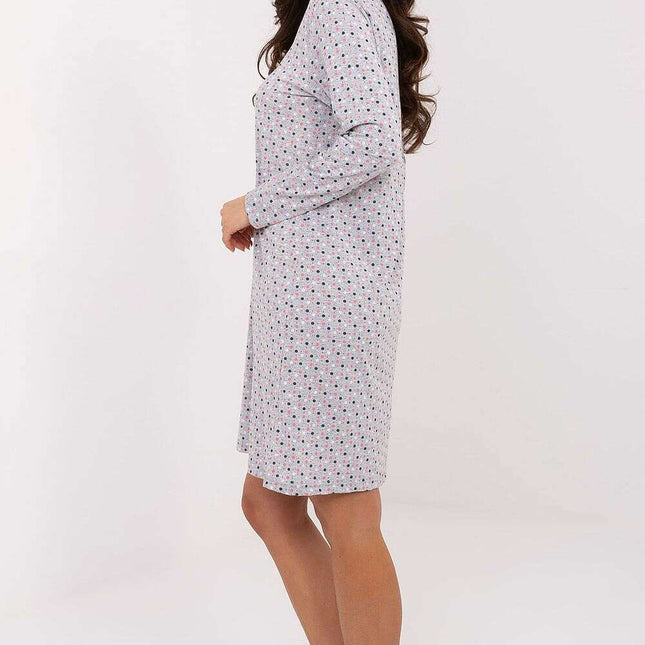 Cotton Nightgown – Colorful Print, Lace V Neck & Long Sleeves