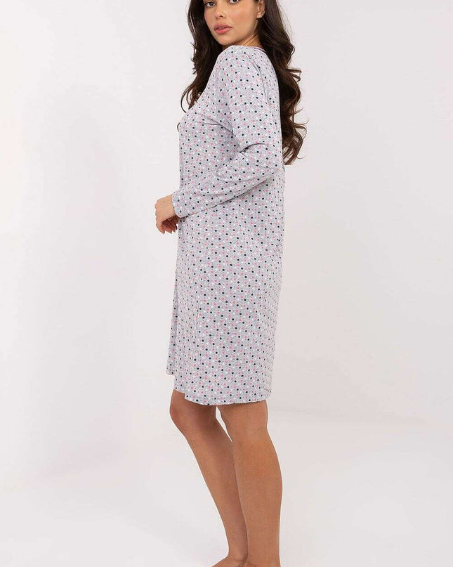 Cotton Nightgown – Colorful Print, Lace V Neck & Long Sleeves