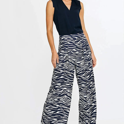 Navy Blue V Neck Sleeveless Blouse With Pleated Trim - Très Elite