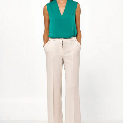 Beige Loose Cut Trousers For Women High Waist Comfort Fit - Très Elite