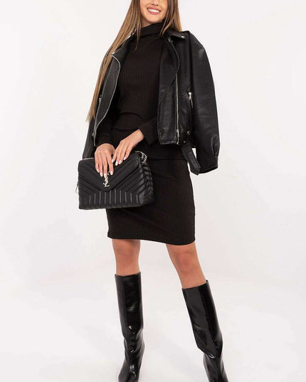 Minimalist Ribbed Cotton Pencil Daydress – Turtleneck, Stretch & All-Day Comfort