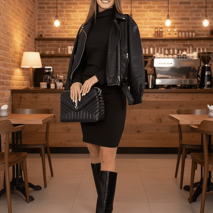 Minimalist Ribbed Cotton Pencil Daydress – Turtleneck, Stretch & All-Day Comfort