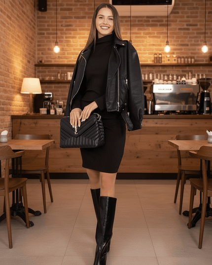 Minimalist Ribbed Cotton Pencil Daydress – Turtleneck, Stretch & All-Day Comfort