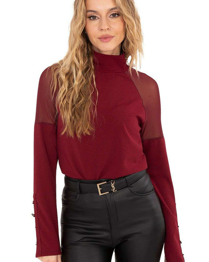 Elegant Mesh Shoulder Blouse with Classic Collar & Long Sleeves