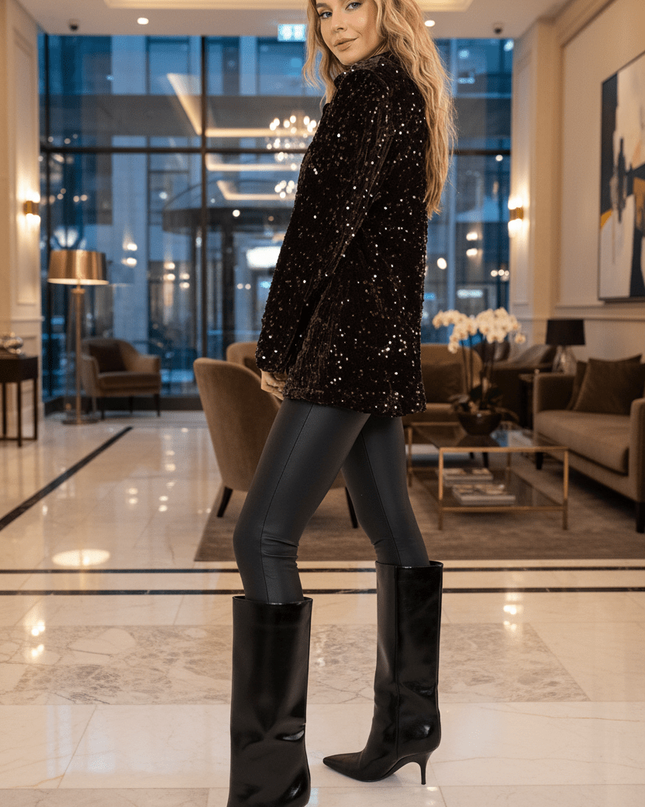 Sequined Party Blazer with Notched Lapels & Structured Shoulders