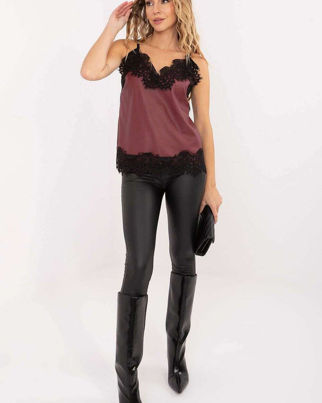 Faux Leather V-Neck Top with Lace Trim & Adjustable Straps