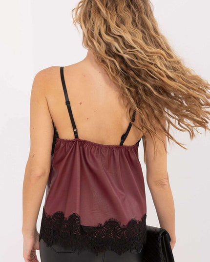Faux Leather V-Neck Top with Lace Trim & Adjustable Straps