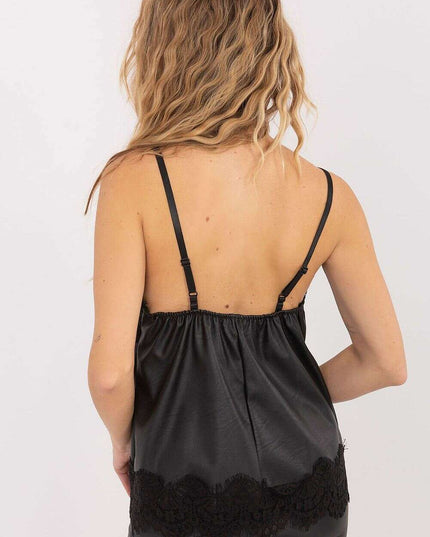Faux Leather V-Neck Top with Lace Trim & Adjustable Straps