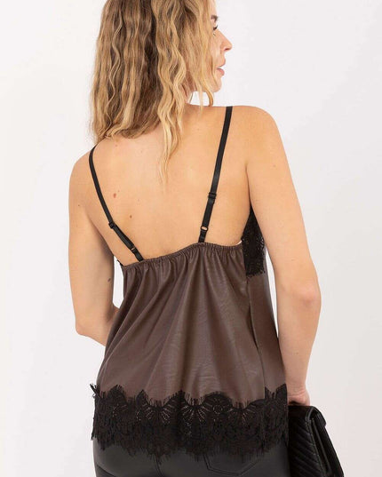 Faux Leather V-Neck Top with Lace Trim & Adjustable Straps