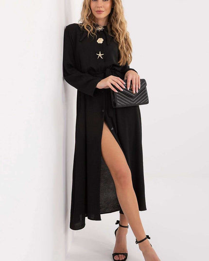 Flared Midi Shirt Dress with Classic Collar & Brooch Details