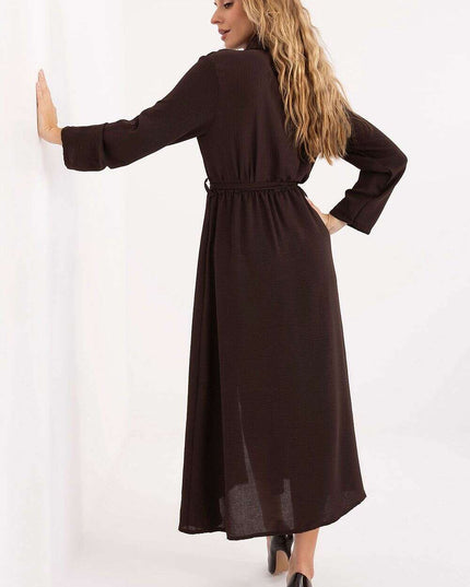 Flared Midi Shirt Dress with Classic Collar & Brooch Details