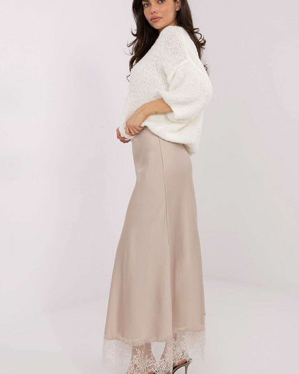 Elegant Satin Maxi Skirt with Lace Hem & Elastic Waistband