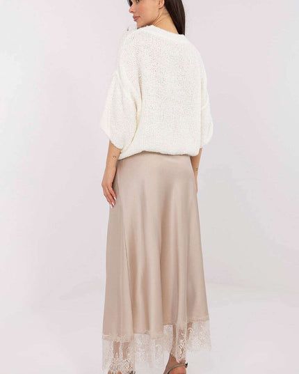 Elegant Satin Maxi Skirt with Lace Hem & Elastic Waistband