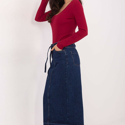 Denim Midi Skirt With Back Slit Made Of High Quality Cotton For Everyday Wear - Très Elite